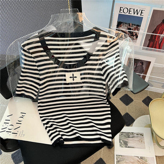 Striped Short-Sleeved Knitted Top