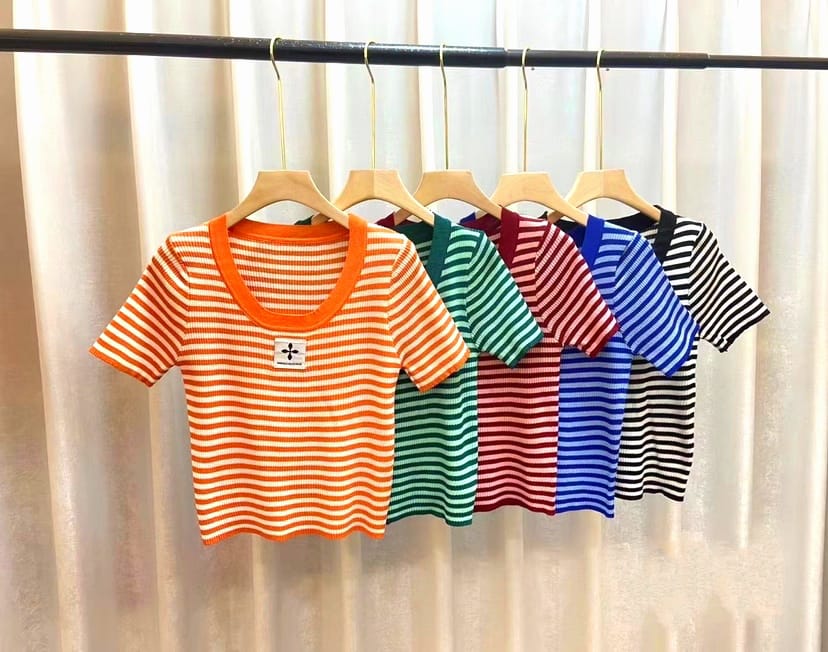 Striped Short-Sleeved Knitted Top