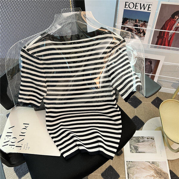 Striped Short-Sleeved Knitted Top