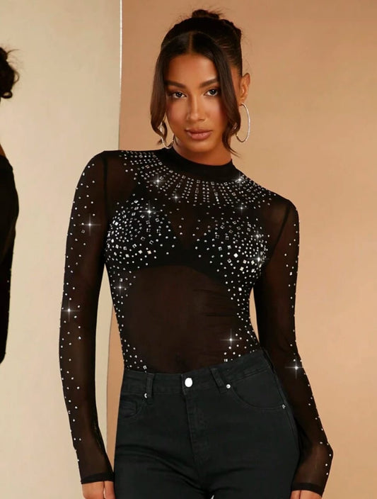 Black Mesh Rhinestone Body Suit